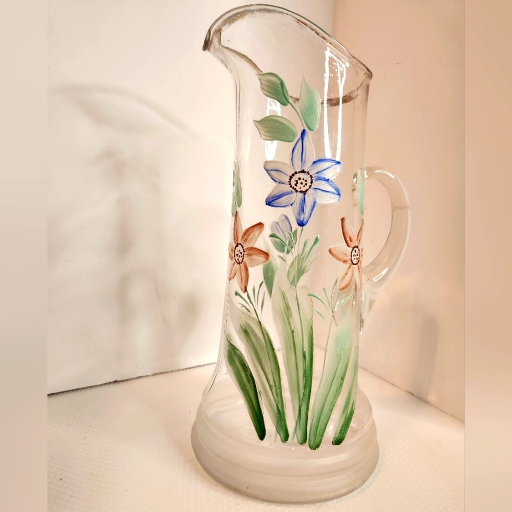 Fenton carnival glass vintage pitcher‎ with handpainted floral design
